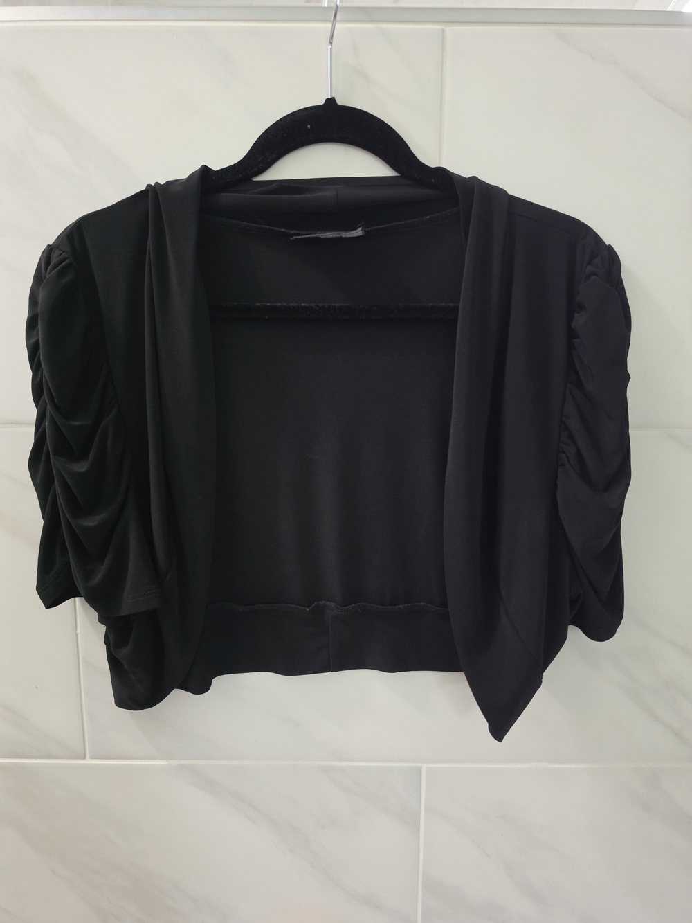 B. Smart Black Open-Front Shrug with Ruched Trim